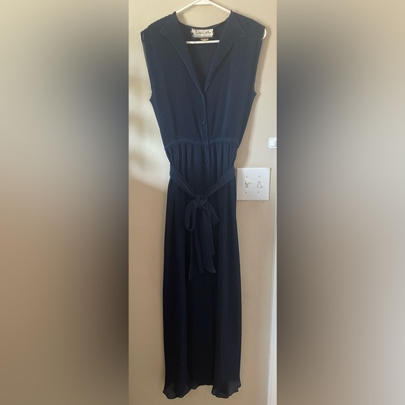 VTG Lillie Rubin Plisse Pleated Button Down 50s Collared Navy Midi Maxi Dress - Picture 1 of 6